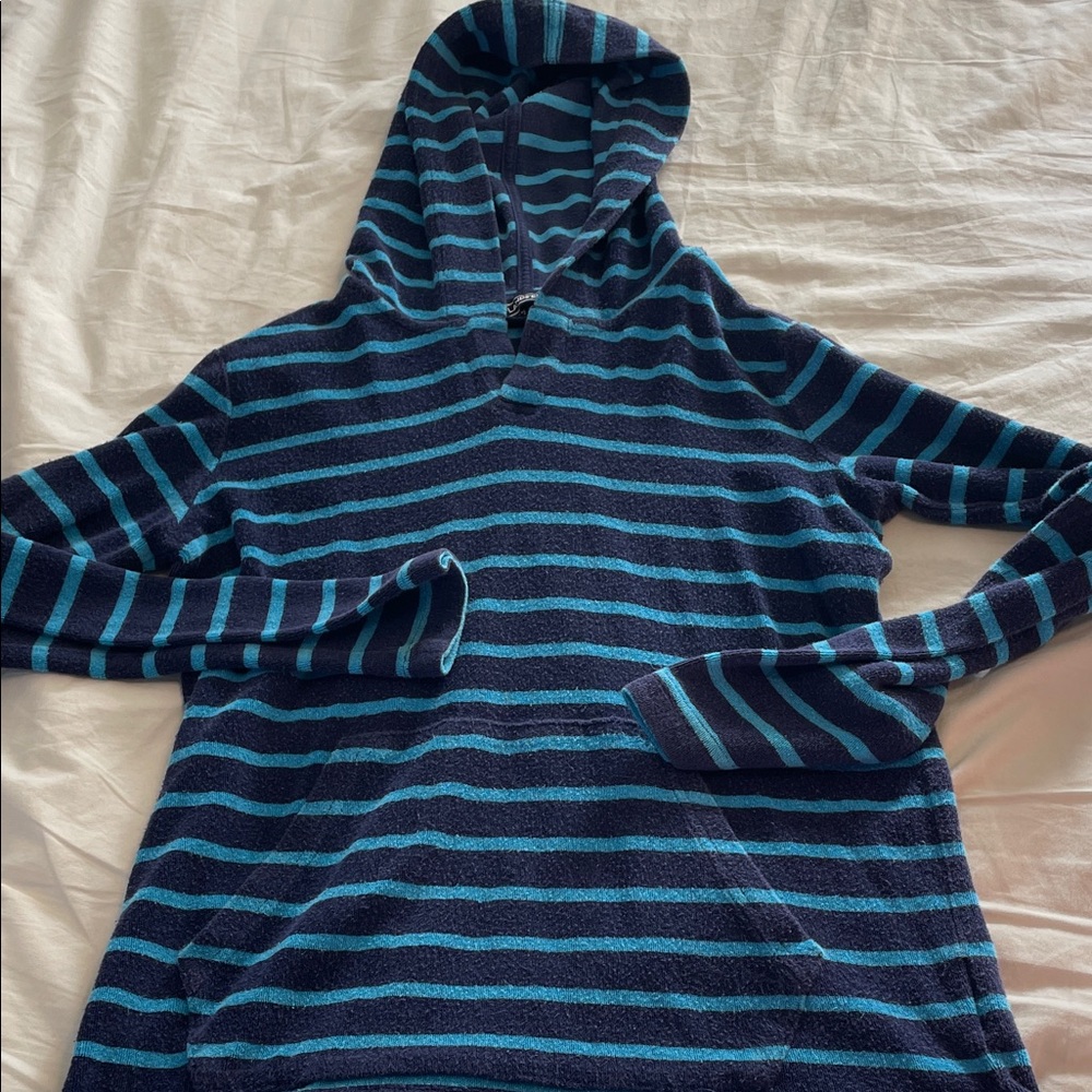 Lands End Navy & Teal Striped Terrycloth Beach Hoodie Pullover